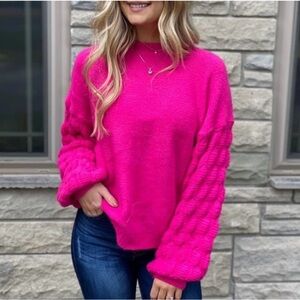 NWOT Jodifl Textured Balloon Sleeve Pink Magenta Sweater | Small